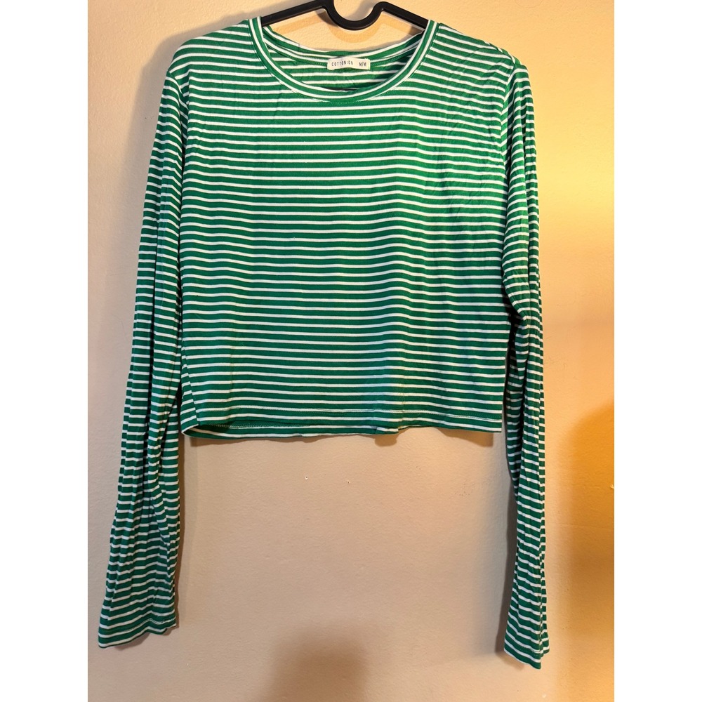 Cotton On Green White Striped Long Sleeve Crop Top Crew Neck Size M